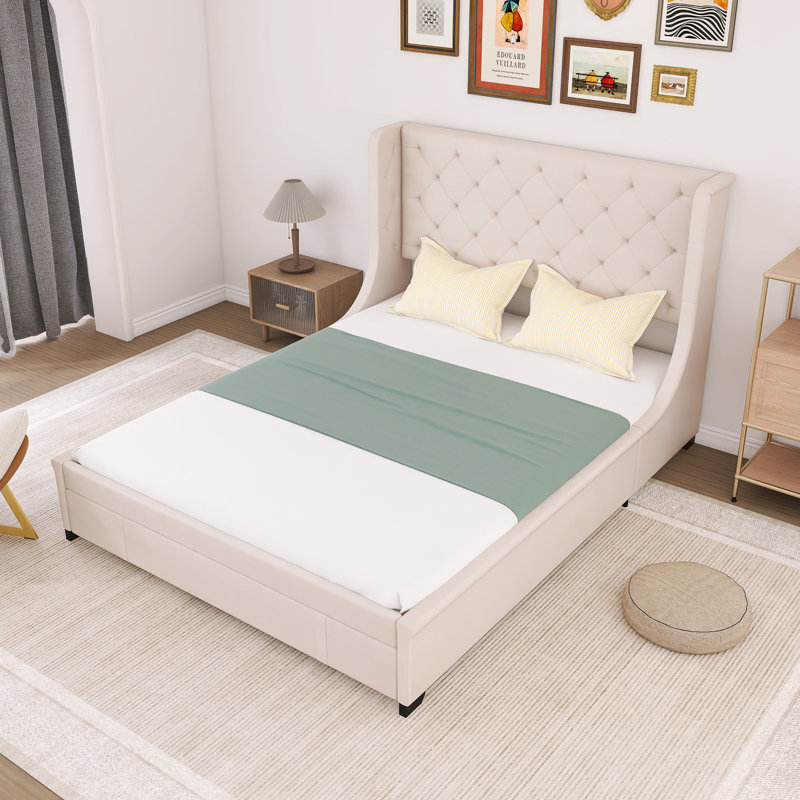 Grand lit avec rangement et grand tiroir, Beige