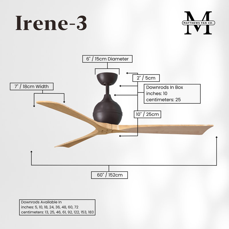 60" Irene Paddle 3 Blade Ceiling Fan, Textured Bronze, 60", Light Maple Tone