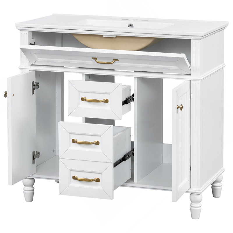 Meuble-lavabo 36 po avec lavabo, meuble autoportant blanc avec cuve en céramique, cadre en bois aggloméré et en bois massif, tiroir supérieur rabattable, portes à fermeture en douceur, 2 tiroirs de rangement