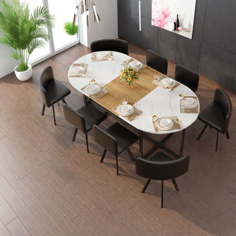 Ensemble de table de salle à manger moderne 9 pièces avec plateau en faux marbre blanc et chaises en polyuréthane noir