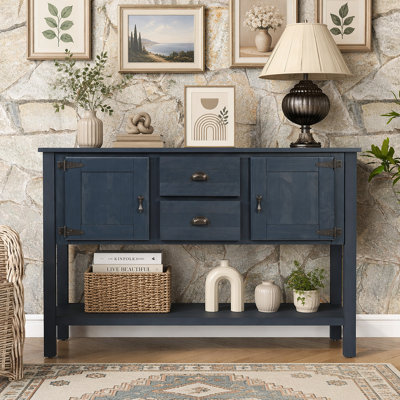 Console de 46 po en bois massif avec 2 tiroirs, armoires et tablette inférieure, armoire de rangement de style rétro pour salle à manger (bleu marine)