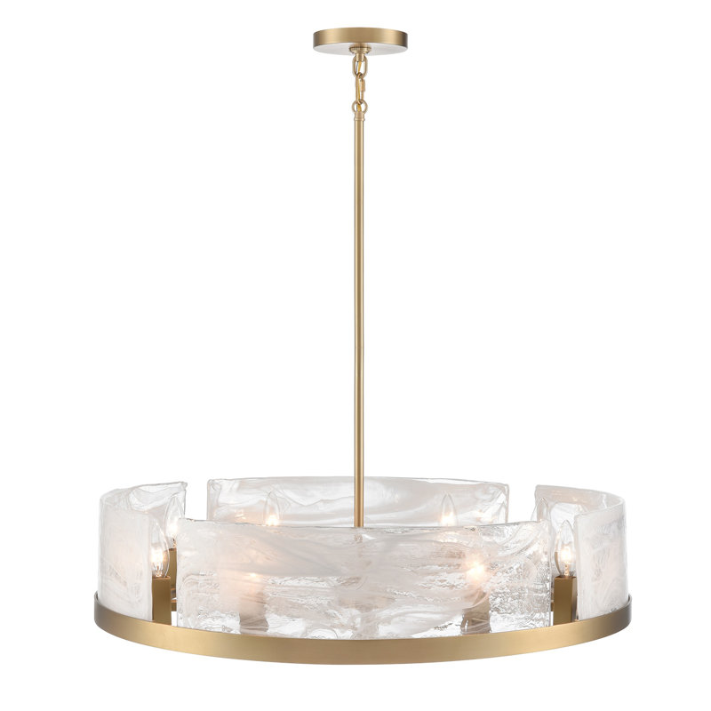 Kester - Finition laiton brossé - Abat-jour en verre albâtre blanc de style Murano, L 28 po, 8 lumières
