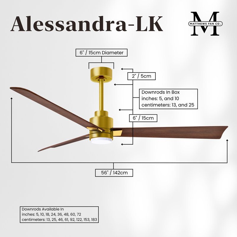 Alessandra - Three Blade Transitional Ceiling Fan -LED, Walnut, Brushed Brass, 56"