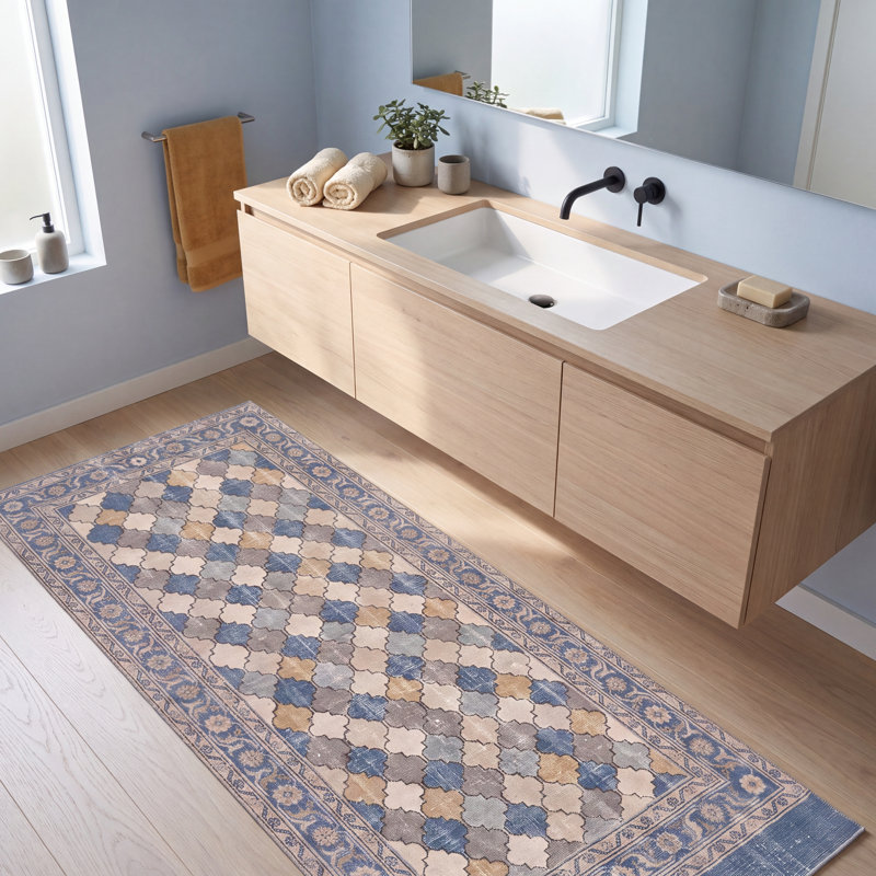 Tapis Eddy moderne à motifs mosaïques abstraites, bleu, gris, or, crème, ivoire, lavable à la machine, antidérapant, à poils courts, pour l'intérieur et l'extérieur, adapté aux animaux domestiques, idéal pour le salon, la chambre, la salle à manger, l'entrée, le couloir ou le bureau.