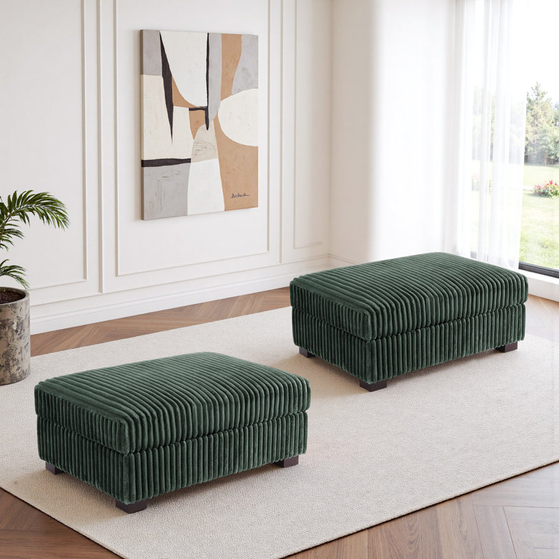 Upholstered Faux Rabbit Fur Flannel Rectangle Ottoman, Modular Part For Sectional Sofa, Green