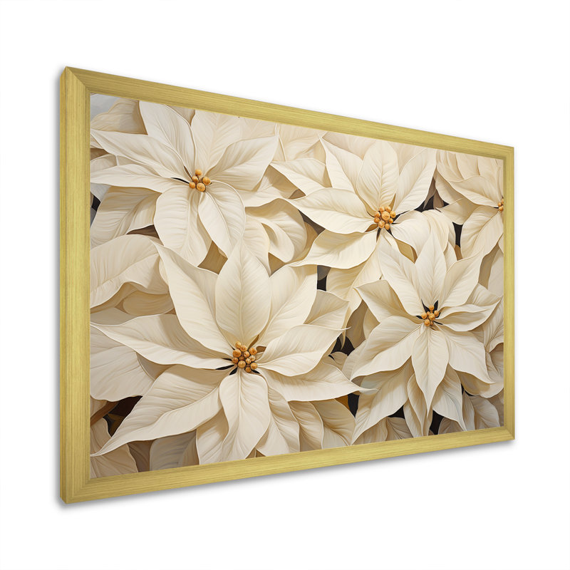 Éclat de poinsettia beige sur toile, H 34 po x l 44 po x P 1,5 po, Cadre photo doré simple