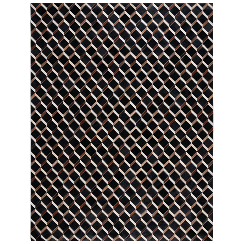 Studio Leather Hand Woven Wool/Leather/Non Woven Felt Geometric Rug in Black/Brown, Rectangle 8' x 10'