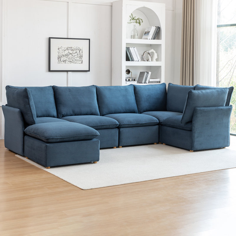 Hepworth Dejohn Corduroy Sectional Sofa With Solid Wood Legs, Blue Corduroy, 36" H x 125" W x 62.5" D