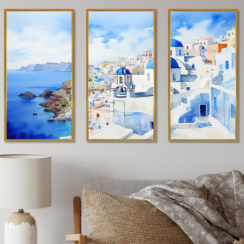Bleu et blanc, îles Santorini III - Grèce, art mural, H 28 po x l 36 po, Cadre flottant doré