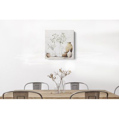 'Sage Dreams' by White Ladder, Ivory/Sage Green/Tan/Neutral Flower Jars Painting Canvas Wall Art Print