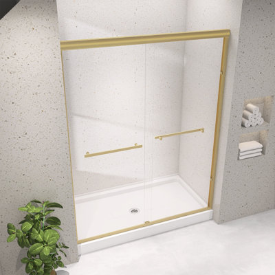 Porte de douche 72 po x 75 po à double porte coulissante semi-sans cadre avec verre brossé doré et Nano antibuée facile à nettoyer pour la salle de bain