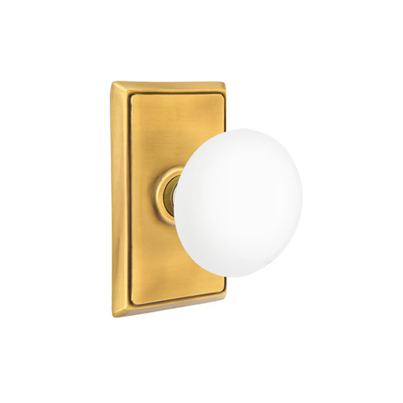 Ensemble de boutons de passage Emtek avec rosette rectangulaire et bouton en porcelaine blanc glacé, Laiton antique français