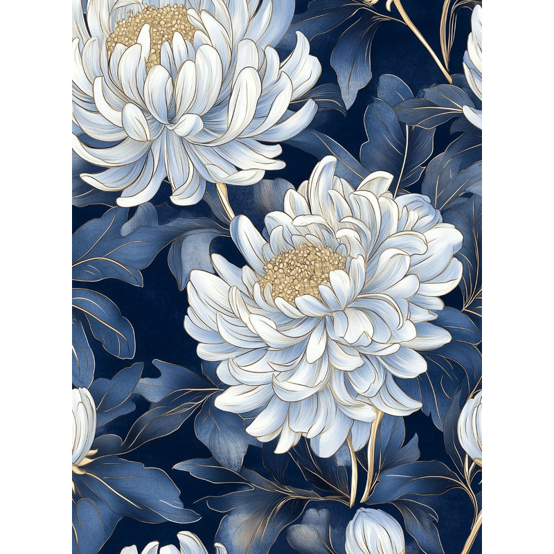 Papier peint floral bleu chrysanthème, décoration murale botanique marine et dorée