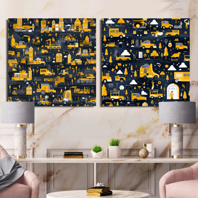Yellow Busy Construction Zone For Kids Bedroom - Vehicles Collage Square Collage Set Of 2