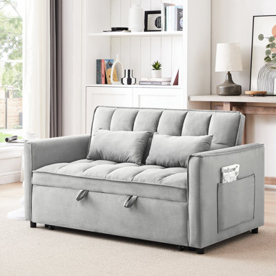 55.1 - Inch 3 In 1 Convertible Futon Bed, Gray Velvet With Adjustable Back, Storage And Compact Design For Small Spaces Contemporary 52 Double Easy To Clean Seat Office