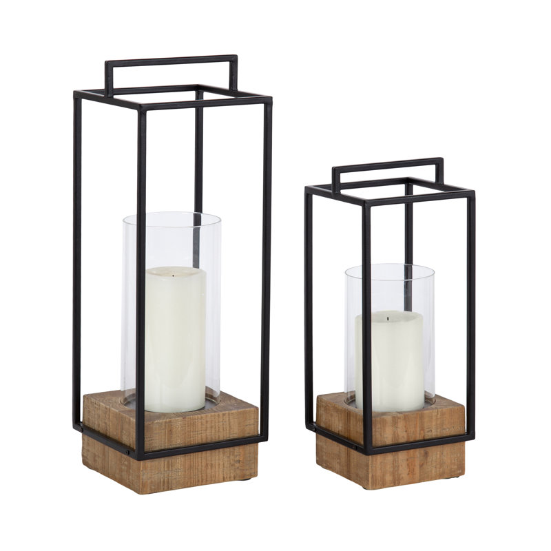 Wood and Metal Two-Piece Candle Holder Set, Brown/Black