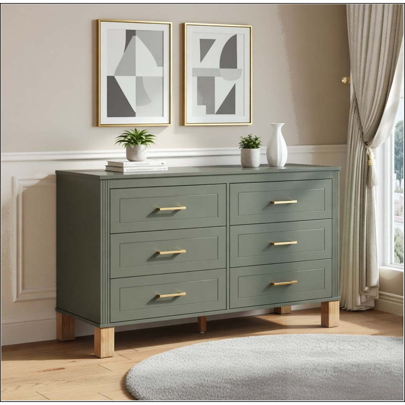 Commode double 6 tiroirs avec style Mid-Century et structure en bois massif, Olive