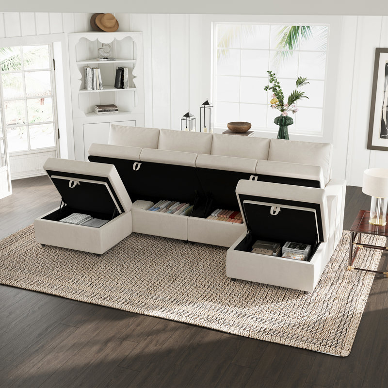 Canapé modulaire rembourré avec rangement Rafael, Velours beige