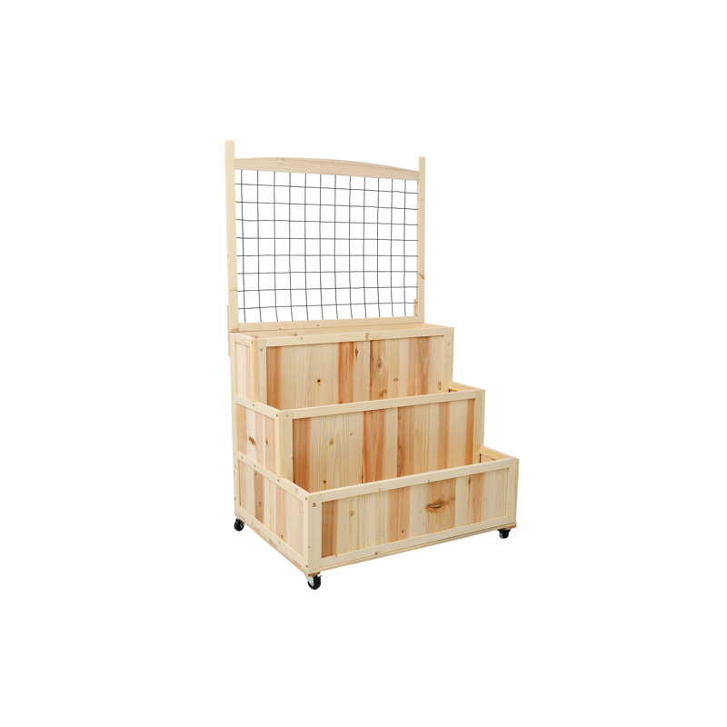 3-Tier Vertical Solid Wooden Planter with Grid Storage