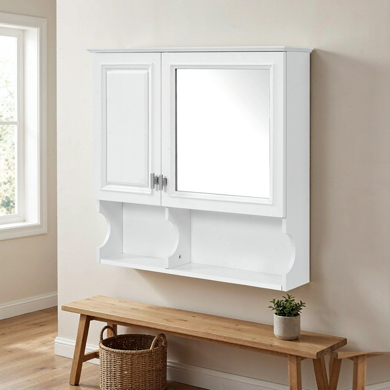 Armoire à pharmacie demi-cercle avec miroir, tablettes ouvertes, réglable, fixation murale, blanche
