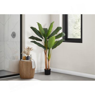 Plante artificielle, bananier, intérieur, faux, faux, plancher, verdure, pot, touche réelle, décoratif, feuilles vertes, pot noir