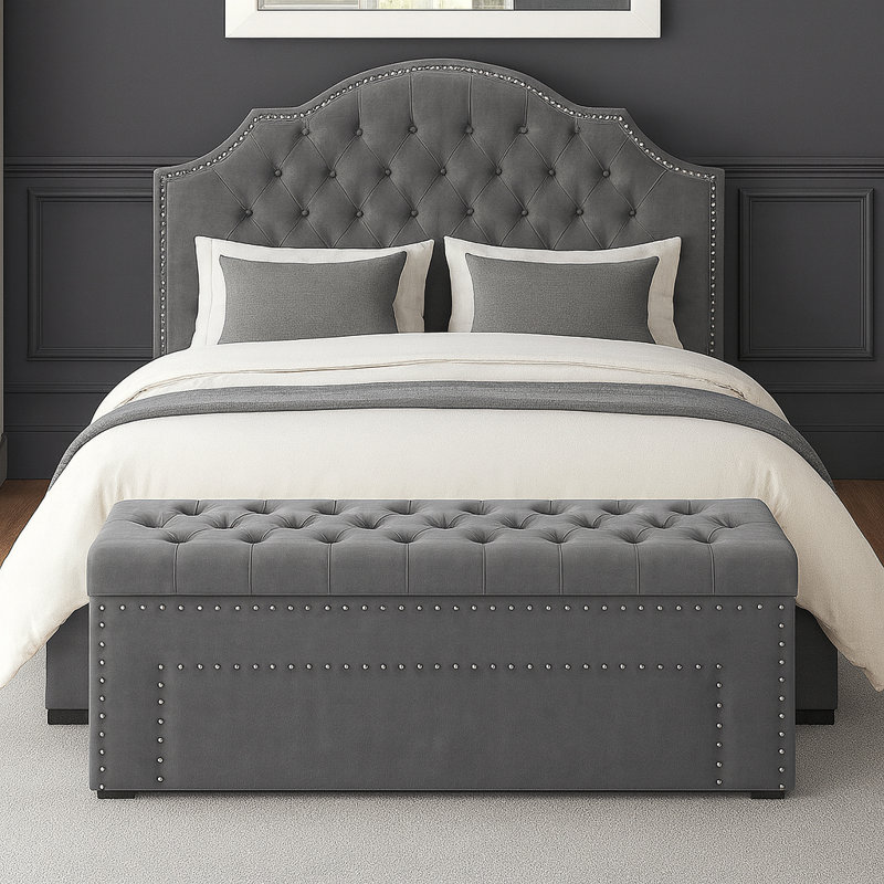 Duke Ottoman Storage Box - Chesterfield Upholstered Blanket Box - Plush Velvet Ottoman Bench with Storage, Grey