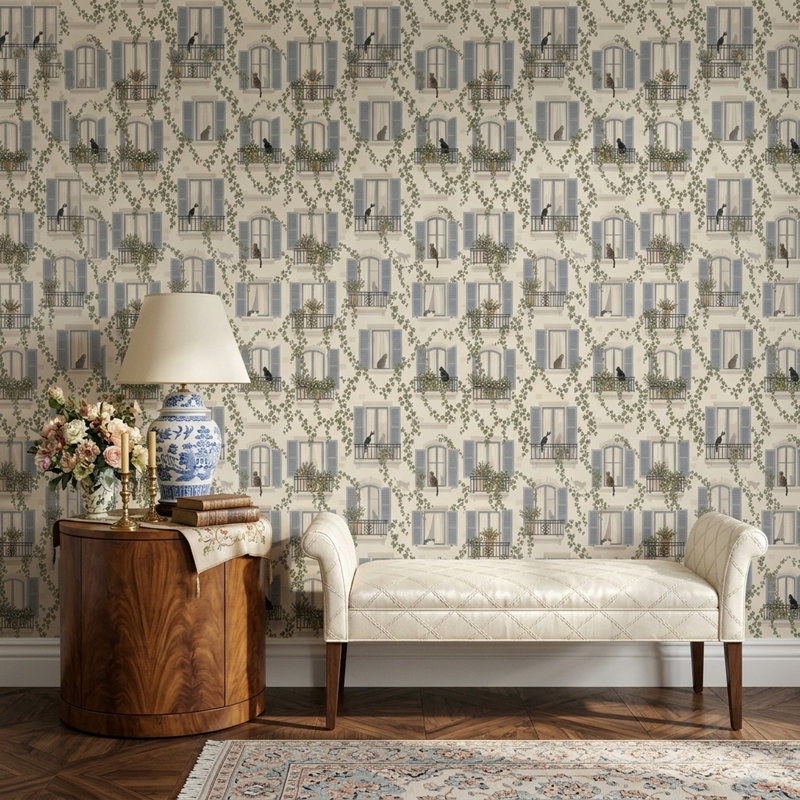 Papier peint pour fenêtres d'appartement parisien, motif de chats et de lierre, Non-Woven Non-Pasted