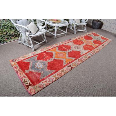 Classic Turkish Handwoven Wool Runner Rug in Red for Vintage Inspired Hallway Decor