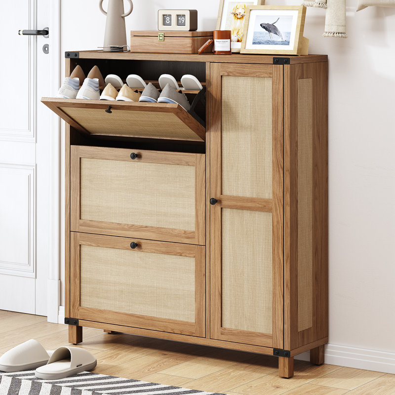 24 Pair Shoe Storage Cabinet with  3 Flip Drawers & Solid Wood Legs