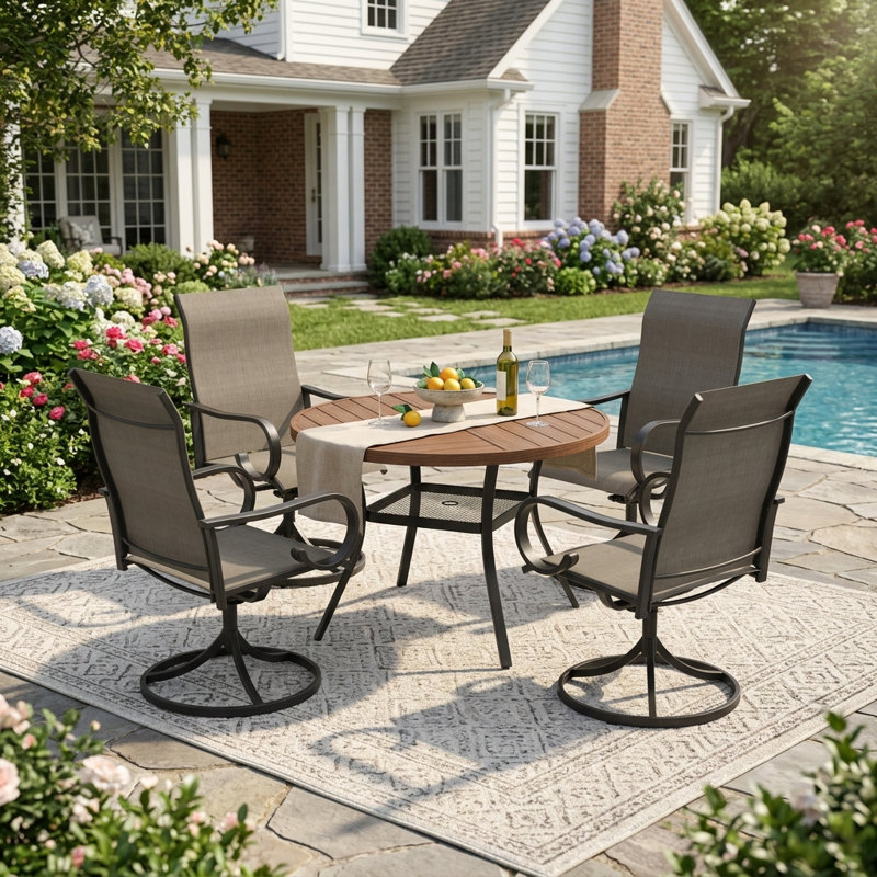 4-Person Round Patio Dining Set With Swivel Textilene Chairs, Brush Wood Brown/Brown