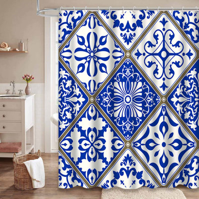 Seamless Patchwork Tile Victorian Blue Shower Curtain with 12 Hooks