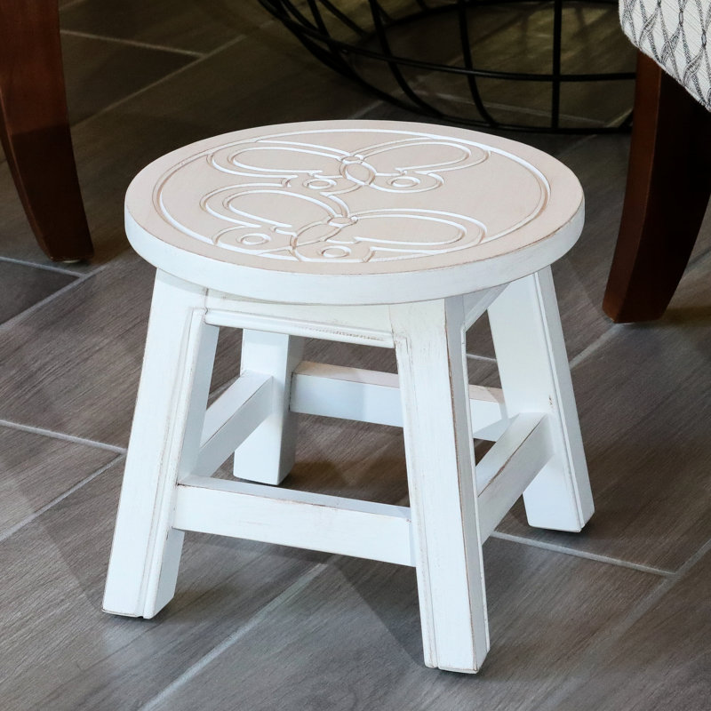 Tabouret en bois Butterflies, finition blanc antique. Bois d'hévéa. Idéal comme repose-pieds, repose-pieds, mini tables, tabourets. Marchepied 11 "avec papillons. Hévéa fonctionnel H 10"