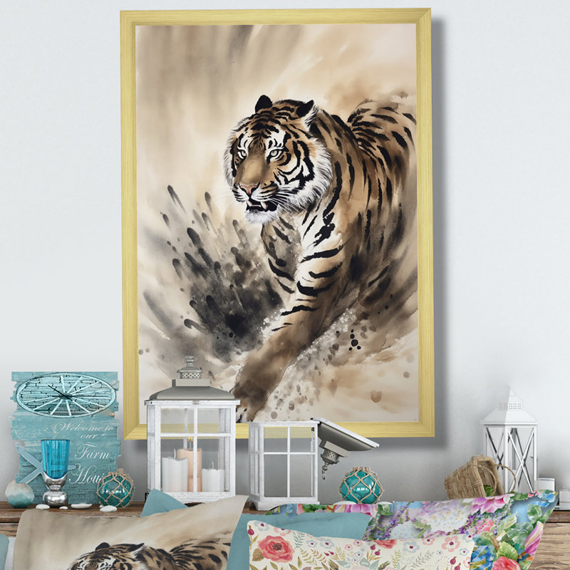 Tigre beige dans la nature II - impression, H 32 po x l 24 po x P 1 po, Encadrement doré