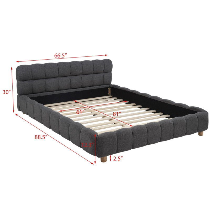 Structure de lit plateforme moderne de grande taille en gris, tissu recouvert de tissu quadrillé, fait de bois franc d'ingénierie, sans sommier tapissier, facile à assembler