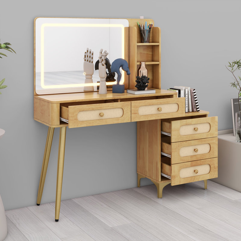 Table de maquillage rétro avec miroir et lumières, avec tiroirs en rotin et luminosité multimode, Brun