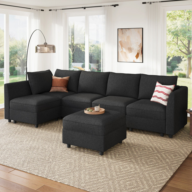Canapé-lit modulaire rembourré en forme de L Tremee gris foncé, Polyester gris foncé