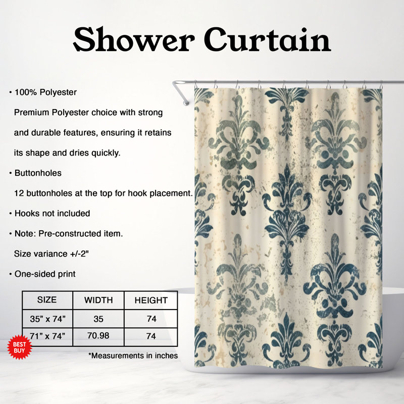 Vintage Tiles - Rideau de douche Premium, H 74 po x l 71 po