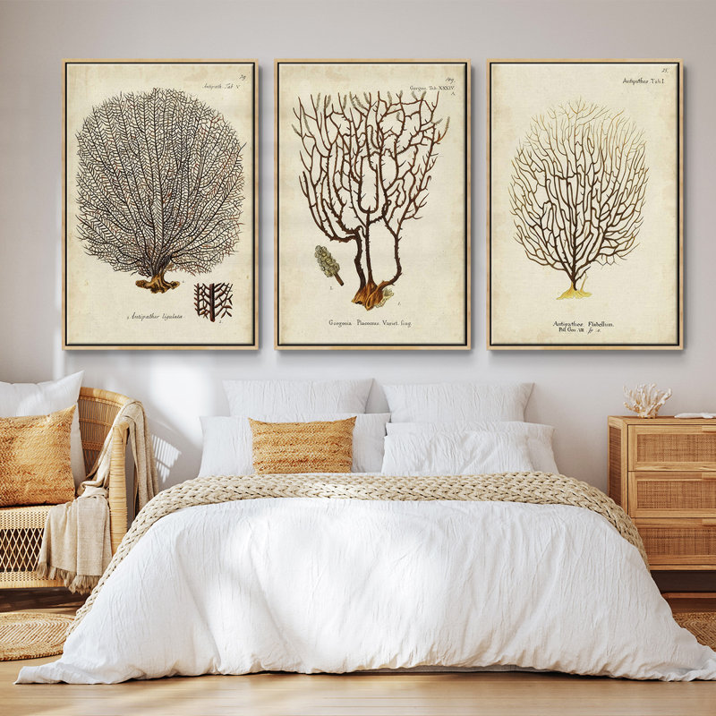Indigo Tile I - Ensemble de 3 reproductions encadrées sur toile, Bois naturel, H 40 po x l 78 po