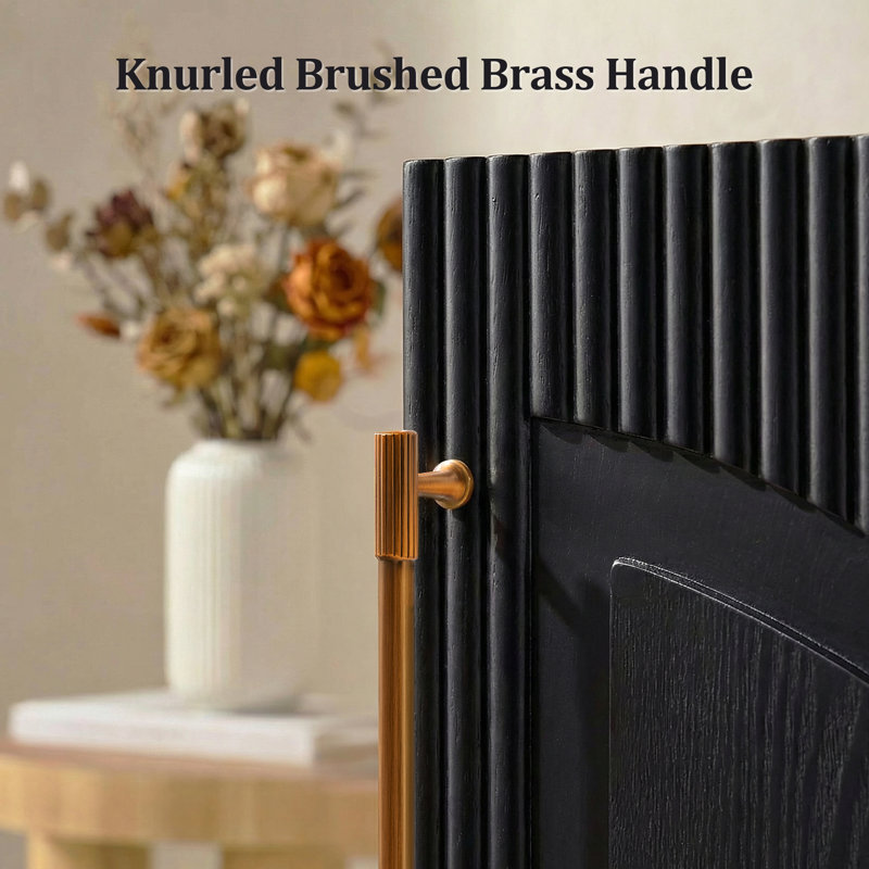 Alpena  31” Modern Arched Fluted Ash Veneer Cabinet – Sideboard & Media Console with Brass Handles, Black/White, Black