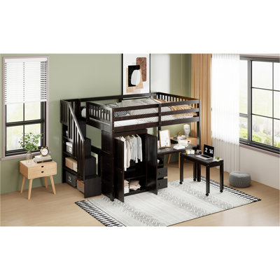 Full Size Loft Bed With Stairs, Bookshelf, Drawers, Desk & Wardrobe – Space-Saving Multifunctional Furniture For Kids & Teens-Espresso