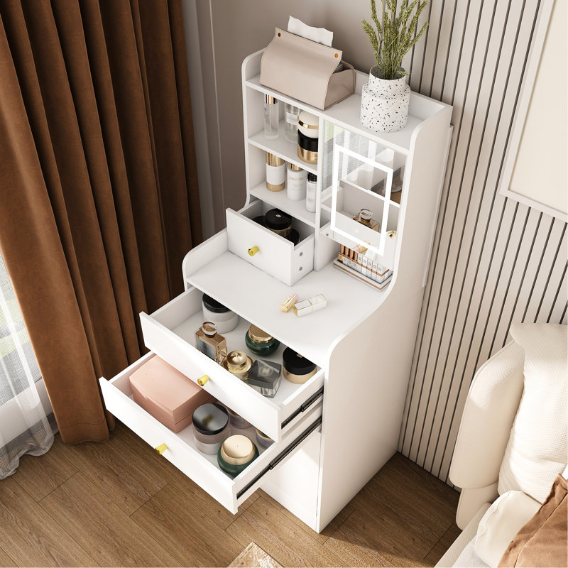 Table de coiffeuse multifonctionnelle avec miroir à DEL réglable, tabouret caché et 4 tiroirs blancs pour l'organisation de la chambre à coucher