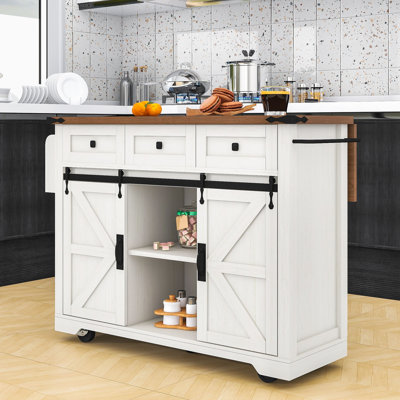 Elegant Farmhouse Kitchen Island with Built-in Power Supply and Drop Leaf Tabletop