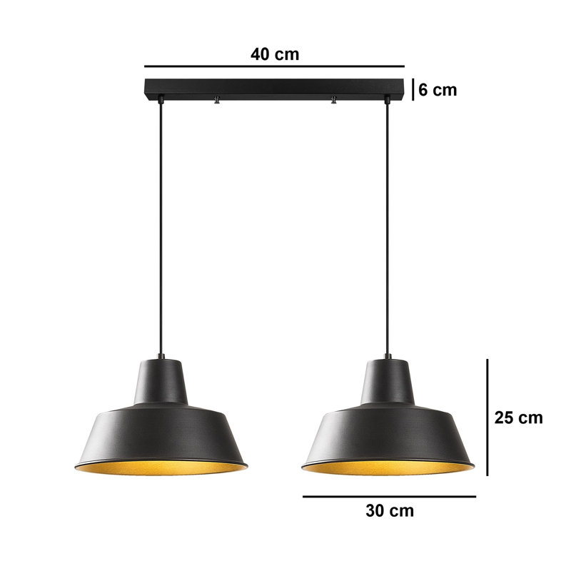 Lustre moderne noir et doré, hauteur réglable 47,2 po x 11,8 po | Corps en métal avec 2 x douilles E27 (40 W maximum) | Homologué IP20, parfait pour la décoration industrielle ou scandinave, luminaire élégant et fonctionnel