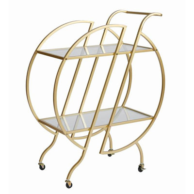 Chariots de bar Gold pour le chariot de service Home Bar, chariot de bar roulant doré avec roulettes verrouillables, chariots de bar en verre avec 2 tablettes en miroir, chariots à vin ronds de rangement pour la cuisine, fête