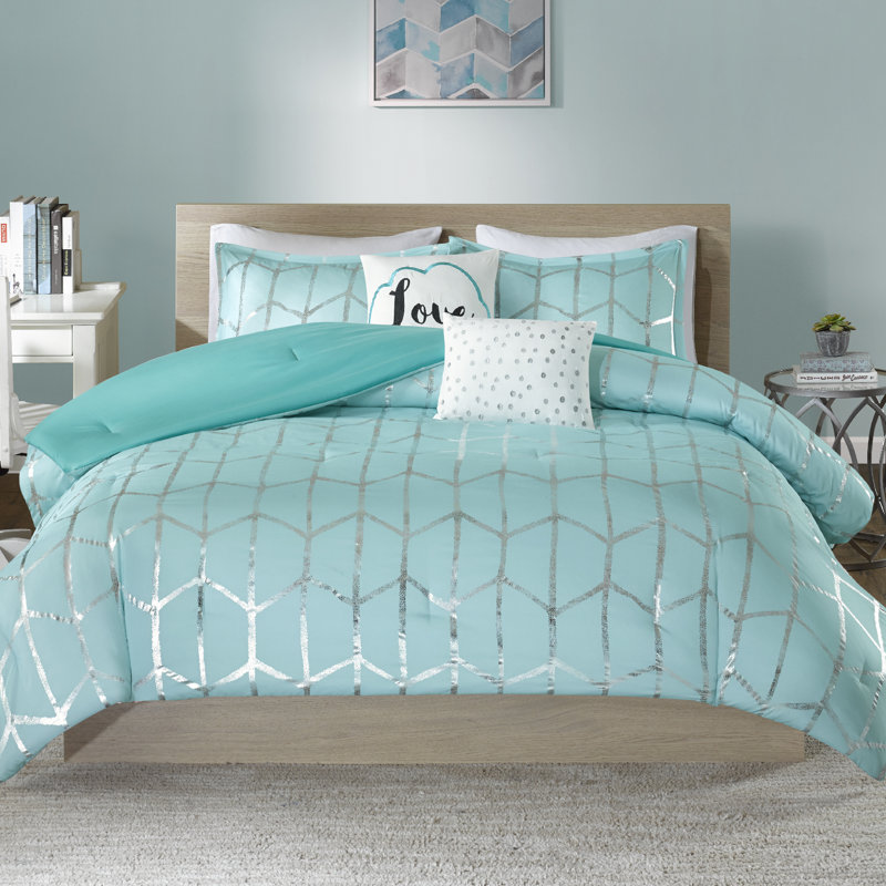 Ensemble d'édredon à imprimé métallique Raina, Édredon double / grand + 2 taies décoratives + 2, Aqua / argenté