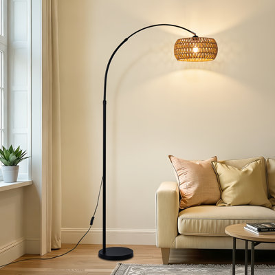 Standing Arc Lamp Floor, Rattan Boho Floor Lamp with Adjustable Height, 360° Rotatable Lamp Head Standing Lamp, Floor Lamps for Bedroom, Living Room, Office