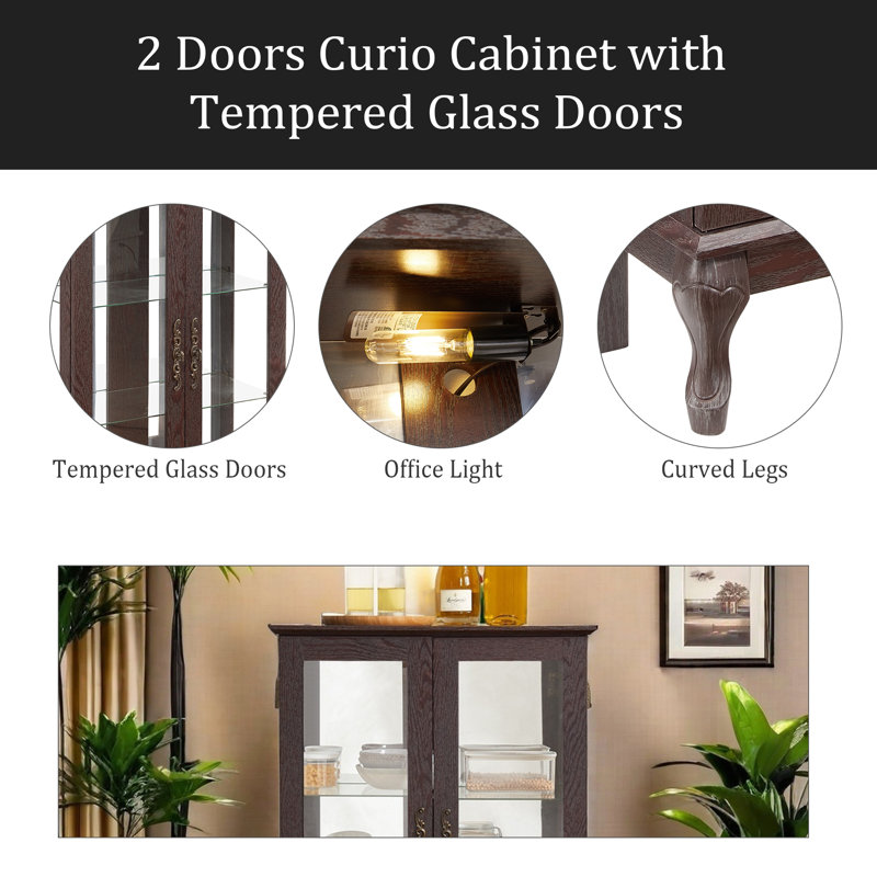2 Doors Curio Cabinet With Tempered Glass Doors, Curio Cabinets With Mirrored Back Panel And Adjustable Shelves, Lighted Display Cabinet For Home, Office Light Bulb Included