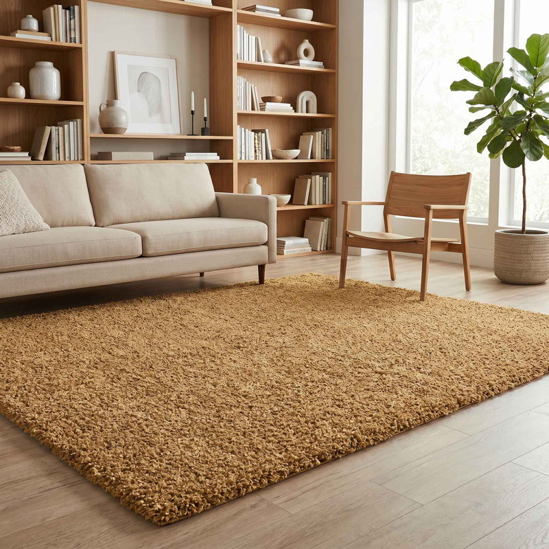 Ainsley Plain Living Room Shaggy Area Rug Modern Soft Pile Polyester Rug, Gold, Rectangle 120 x 170 cm