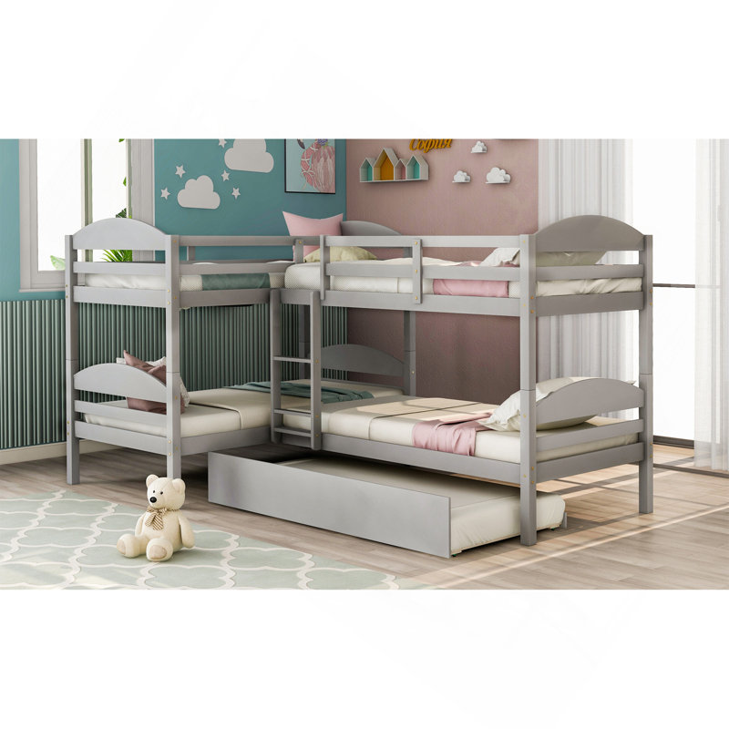 Lit simple superposé en forme de L avec lit gigogne gris, Gris