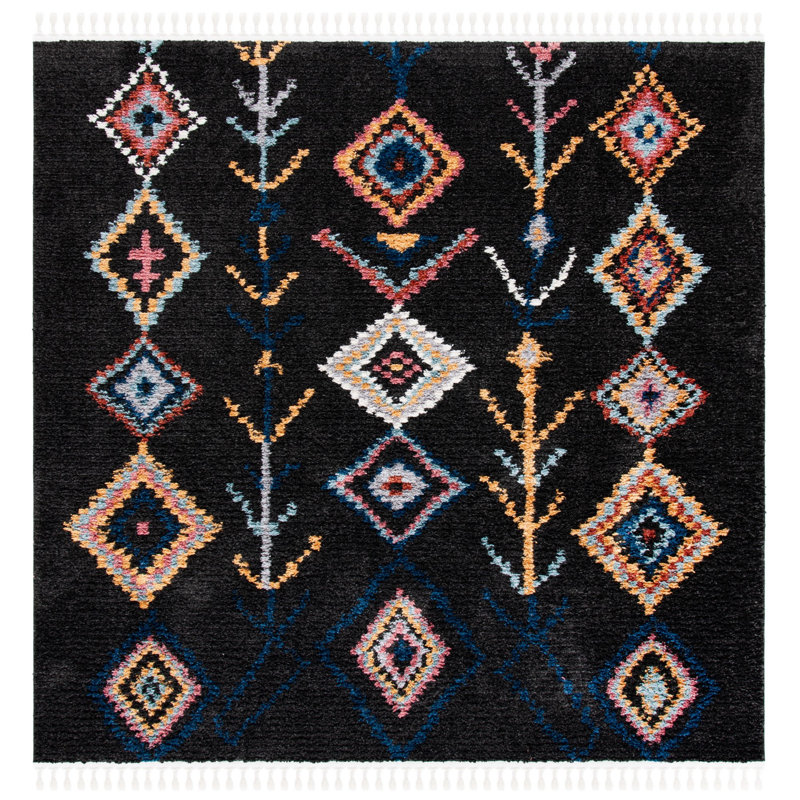 Black and Navy Diamond Flat Woven Square Area Rug, 6'7"